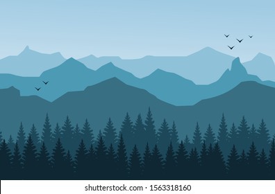 Mountain landscape with silhouettes of forest trees mountains and hills.  Light blue tones, flying birds.


