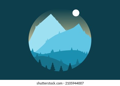 Mountain landscape with silhouettes of forest trees on Circle. Perfect to use for Background. Blue Color Silhouette