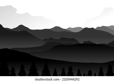 Mountain landscape with silhouettes of forest trees. Perfect to use for Background. Black Color Silhouette