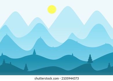 Mountain landscape with silhouettes of forest trees. Perfect to use for Background. Blue Color Silhouette