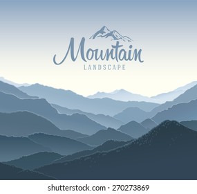 Mountain landscape, the silhouettes of the mountains against the dawn and elements of the logo.