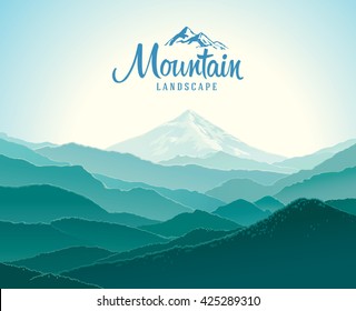 Mountain landscape, the silhouettes of the mountains against the dawn. And the elements of the logo.