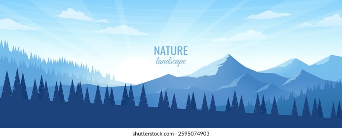 Mountain landscape. Silhouettes of mountain ranges and fir trees against a blue sky. Sunrise. Tourism, hiking, outdoor activities. Vector illustration.