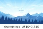 Mountain landscape with silhouettes of mountain ranges and trees against the background of the blue sky. Sunrise. Tourism, hiking in the mountains, active recreation in nature. Vector illustration.