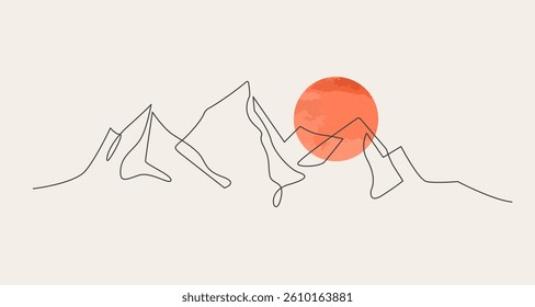 Mountain Landscape Simple Continuous One Line Vector Drawing. Sunset in Mountains Linear Isolated Vector Hand Drawn Illustration. Simple Trendy Minimalistic Background with One Line Mountain. Not AI