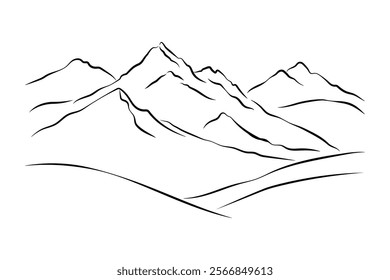 Mountain landscape. Simple minimalistic linear silhouette mountains. Contour high rocky mountains. Vector illustration isolated on white.