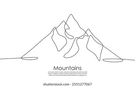 Mountain Landscape Single Continuous Line Drawing. Peaks of Mounts in Minimalistic One Line Style. Concept of Extreme Sports, Tourism, Hiking and Business. Line Art Vector Illustration. Not AI