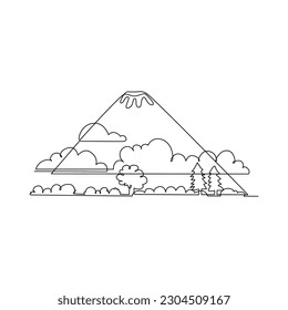 mountain landscape in single line drawing. Continuous single line mount vector illustration. One line drawing mount view with cloud and trees