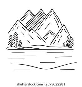 Mountain landscape sketch art illustration. Nature, panoramic landscape, mountain. Simple sketches for cards, posters, wall Art. Ink sketch. Tourism, travel, sport.