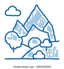 Vector de icono de sketch de paisajes de montaña. Dibujo manual de arte de la línea azul del doodle en el mapa de paisajes de montaña. ilustración de símbolo aislado