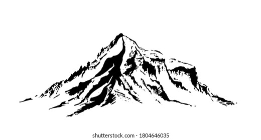 Mountain landscape sketch. mountains. Monochrome grayscale landscape on a white background. Hand drawing in pencil. Rocky peaks in a graphic style.