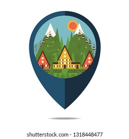 Mountain landscape with ski lift, country house, mountains, forest, ski track, holiday vacation and mountain resort concept vector illustration.