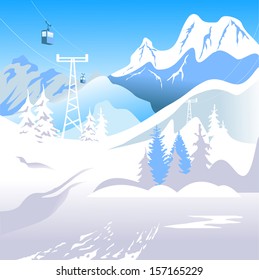 Mountain landscape. The ski resort in the high snowy
