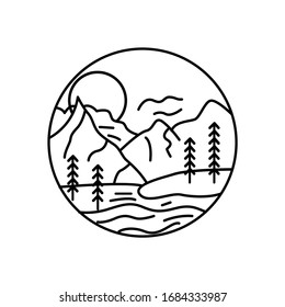 Mountain landscape and sky view line illustration