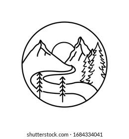 Mountain landscape and sky view line illustration