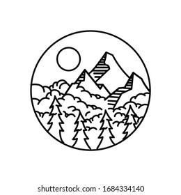Mountain landscape and sky view line illustration