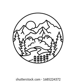 Mountain landscape and sky view line illustration