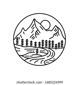 Mountain landscape and sky view line illustration