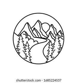 Mountain landscape and sky view line illustration