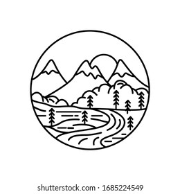 Mountain landscape and sky view line illustration