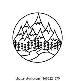 Mountain landscape and sky view line illustration