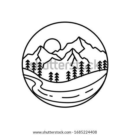 Mountain landscape and sky view line illustration