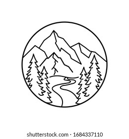 Vista panorámica de montaña y cielo en la ilustración de la línea de placa redonda