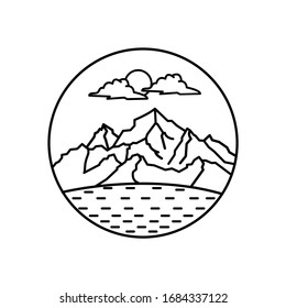 Mountain landscape and sky view in round badge line illustration