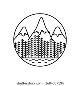Mountain landscape and sky view in round badge line illustration