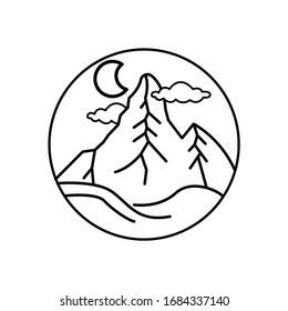 Vista panorámica de montaña y cielo en la ilustración de la línea de placa redonda