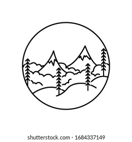 Mountain landscape and sky view in round badge line illustration