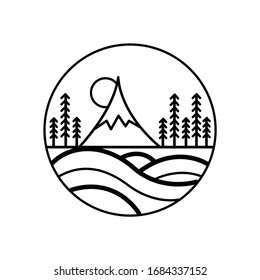 Vista panorámica de montaña y cielo en la ilustración de la línea de placa redonda