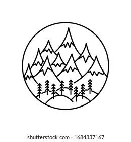 Mountain landscape and sky view in round badge line illustration