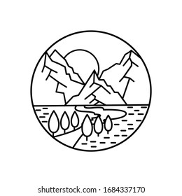 Vista panorámica de montaña y cielo en la ilustración de la línea de placa redonda