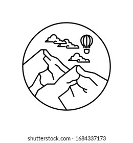 Mountain landscape and sky view in round badge line illustration