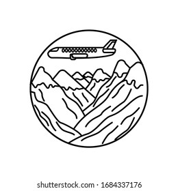 Mountain landscape and sky view in round badge line illustration