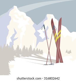 Mountain landscape, with skying equipment in front, vector illustration