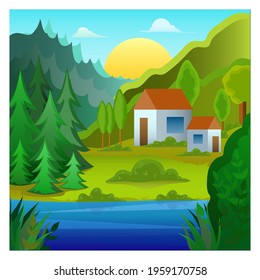 Mountain landscape with a small house in the forest near the lake. Vector illustration in flat style