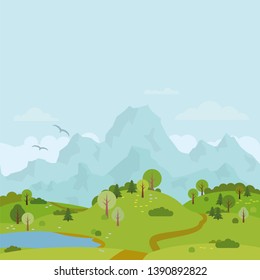 Paisaje montañoso con pequeño lago entre colinas onduladas ilustración vectorial