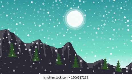Mountain landscape with snow falling down
