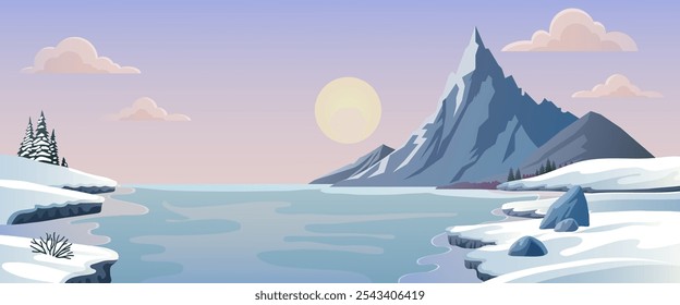 Mountain landscape with snow and water at sunset. Vector illustration