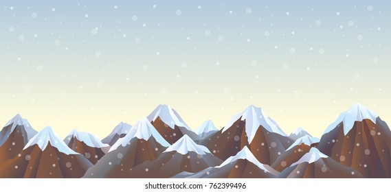 Mountain landscape, snow-capped mountains. Panoramic winter relief, peaks and mountain slopes. Applicable for design, Christmas Illustrations, game locations, wallpapers, greeting cards. Vector