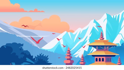 Mountain landscape with snow-capped peaks temple birds flying colorful sky