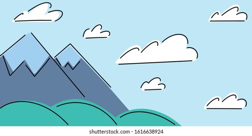 Mountain landscape, snowy mountains, green hills and sky with white clouds. Vector illustration