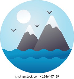 Mountain landscape with snowy peaks, with Flying Birds and Sea Waves, under Moon blue sky with clouds Concept Vector Icon Design, Natural Winter Season Landscape Sign