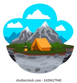 Mountain Landscape. Solitude in Nature by the Rocks. Weekend in the Tent. Hiking and Camping. Vector Cartoon Flat Illustration for Logo or Flyer Design