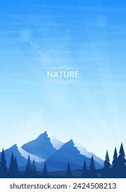 Mountain landscape. Spiky mountain peaks and forest against the blue sky. Flat style. Minimalistic vector image. Design for background, cover, postcard, wallpaper, brochure. 