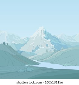 Mountain landscape, a stage of green hills against the background of a snowy mountain, created by imagination in the format of vector graphics.