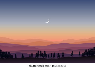 Mountain landscape with starry purple night sky illustration