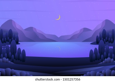Mountain landscape with starry purple night sky illustration